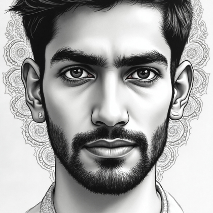 AI-generated photo: **Line art illustration.** Craft an evocative close-up of a 34-year-old South Asian man with an aver...