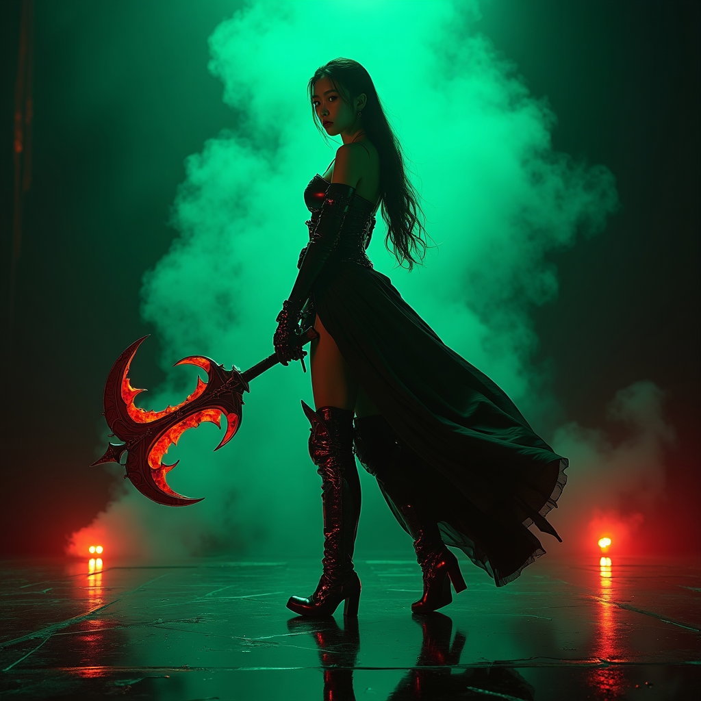 Possessed-Eye Rival Portrait example: Cinematic K-pop fantasy portrait photo. Full-body portrait with the subject posing on a glossy black stage, face visible