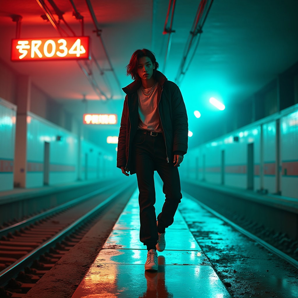 Dance-Pose Battle Portrait example: Cinematic K-pop fantasy portrait photography. Environmental portrait inside an abandoned neon subway platform transforme