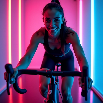 AI-generated photo: Photorealistic fitness photography of an indoor cycling sprint in a boutique spin studio, captured f...
