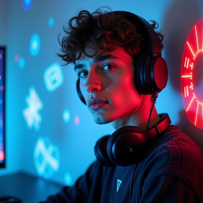 AI-generated photo: Photorealistic fashion portrait photography style, close-up streamer-style portrait framed from ches...