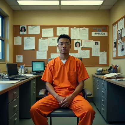 AI-generated photo: Photorealistic environmental prison identity shot set in a cluttered intake office, with the subject...