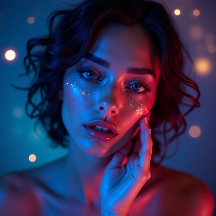 AI-generated photo: Photorealistic cosmic glamour photography. The face is centered and fills the frame from forehead to...