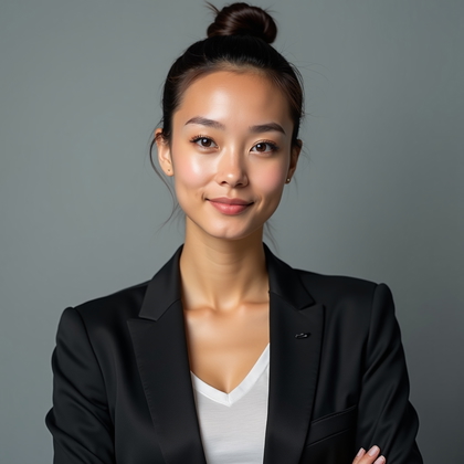 Photorealistic professional headshot, chest-up composition against a neutral matte gray backdrop with soft key light and subtle rim light creating clean catchlights, crisp wardrobe lines (tailored blazer over a simple top), relaxed shoulders, confident posture, direct eye contact, minimal retouching, true-to-life color, and a polished yet authentic corporate portrait aesthetic.