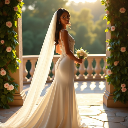 AI-generated photo: Photorealistic bridal editorial photography; full-length portrait on a sunlit garden terrace framed ...