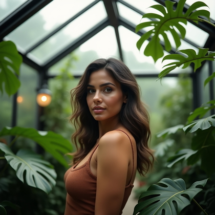 Photorealistic lifestyle portrait photography: Inside a glass-domed botanical conservatory, mid-torso framing among towering ferns and glossy monstera leaves, soft backlight diffused through misting nozzles creates a luminous rim and gentle haze while the subject faces the camera with relaxed, confident posture and a subtle, inviting expression.