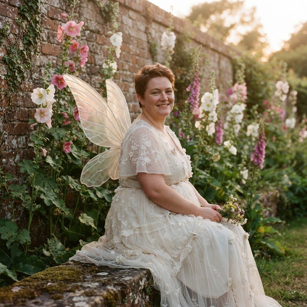Garden Fairy Among Flowers: Fairy costume portrait beside a weathered brick wall lined with tall hollyhocks.