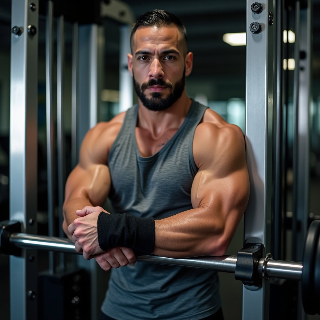 AI-generated photo: Photorealistic gym portrait photography — At a Smith machine with the bar locked just below hip heig...