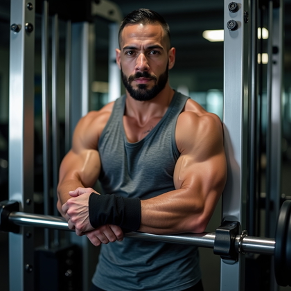 AI-generated photo: Photorealistic gym portrait photography — At a Smith machine with the bar locked just below hip heig...