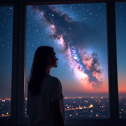 AI-generated photo: Photorealistic portrait photography. A person stands by a large window at night, city lights faintly...