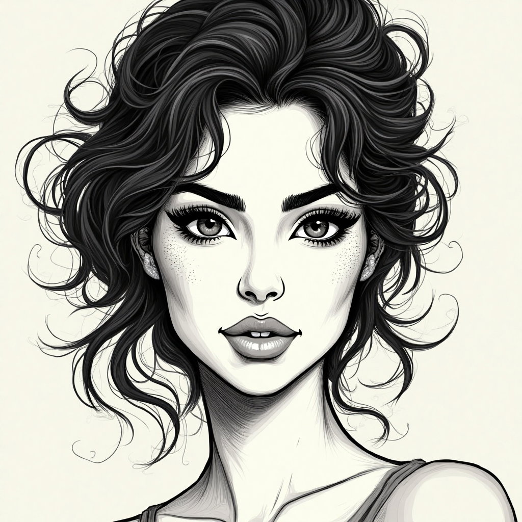 AI-generated photo: Line art illustration. Construct a dynamic avatar focusing on a woman's face, using strong, bold lin...