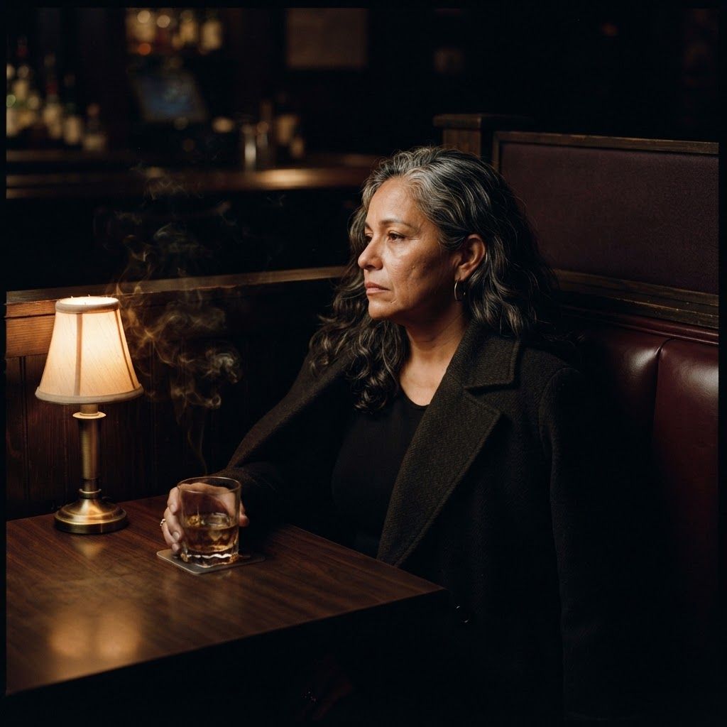 Smoky Bar Booth: Side-profile seated portrait in a corner bar booth, cinematic and moody.