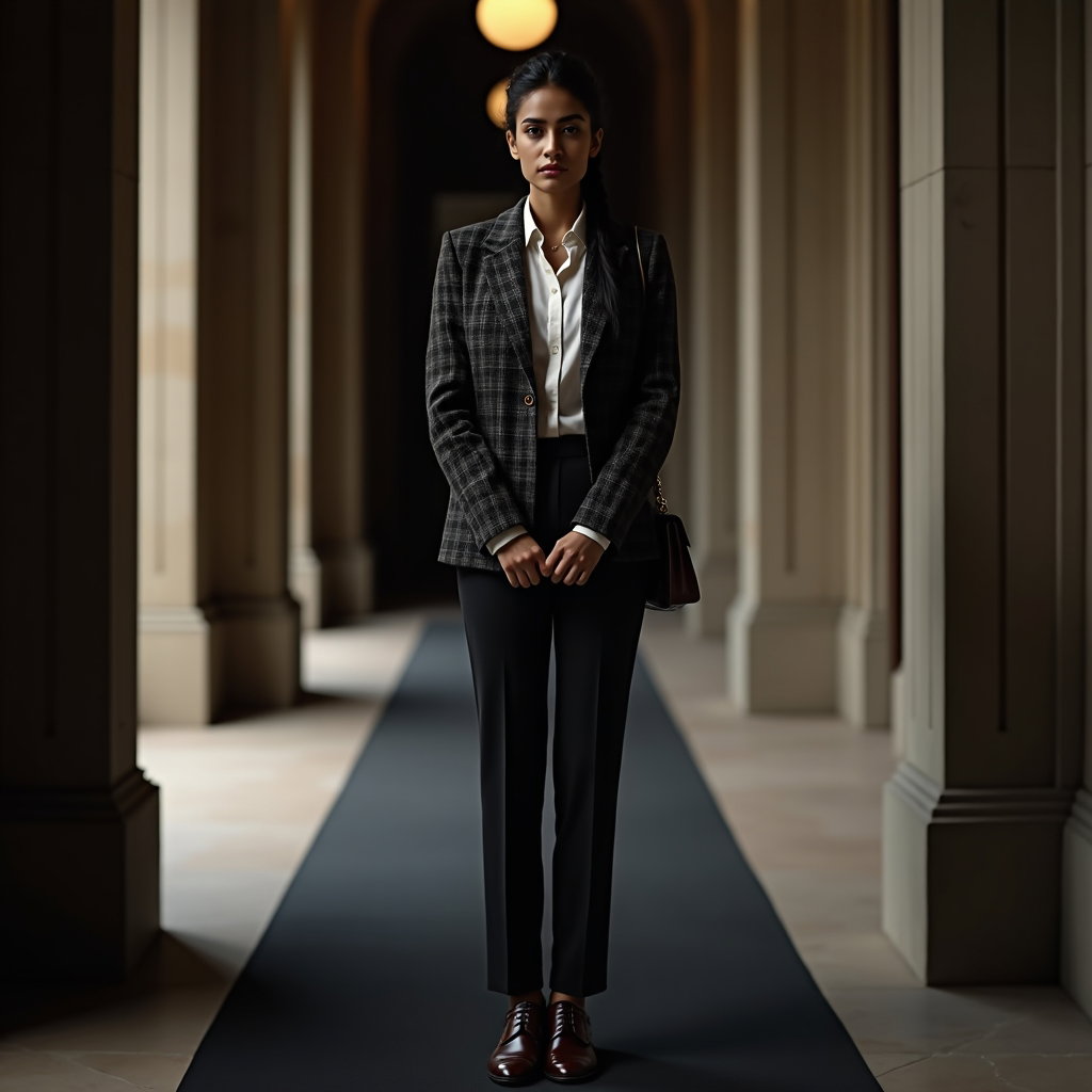 Tweed Corridor: Moody vertical hallway portrait with the subject framed between two tall columns and a dark runner rug leading into the distance.