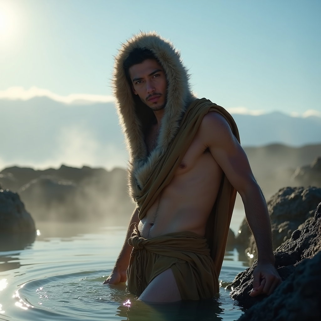 AI-generated photo: Photorealistic cinematic photograph on a geothermal plateau, steam drifting across a slate‑blue sky ...