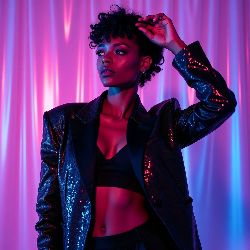 Glam Pop Diva Beauty Album Cover Photos example: Photorealistic glam pop album cover half-body portrait. Show the subject facing forward with shoulders angled slightly,