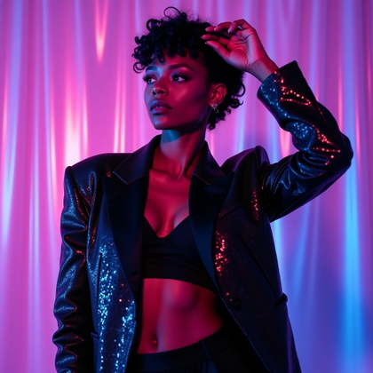 Glam Pop Diva Beauty Album Cover Photos example: Photorealistic glam pop album cover half-body portrait. Show the subject facing forward with shoulders angled slightly, 