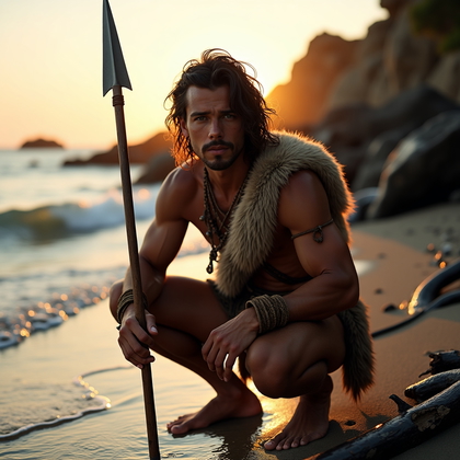 AI-generated photo: Photorealistic outdoor portrait of a primal-themed “hunter’s crouch” on a rocky shoreline at sunrise...