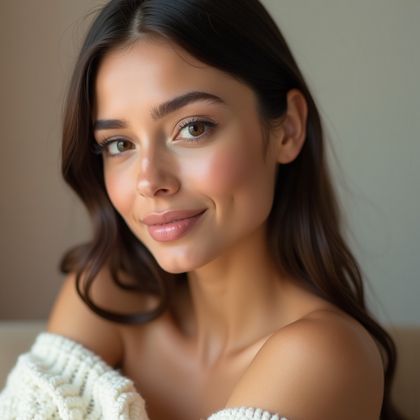 AI-generated photo: Photorealistic beauty portrait photography. The subject reclines slightly on a soft chair, upper bod...