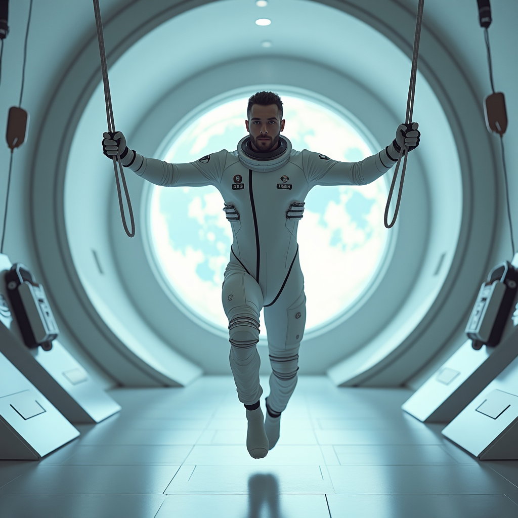 AI-generated photo: Cinematic photorealistic sci-fi editorial photography. In a moon base recreation chamber designed fo...