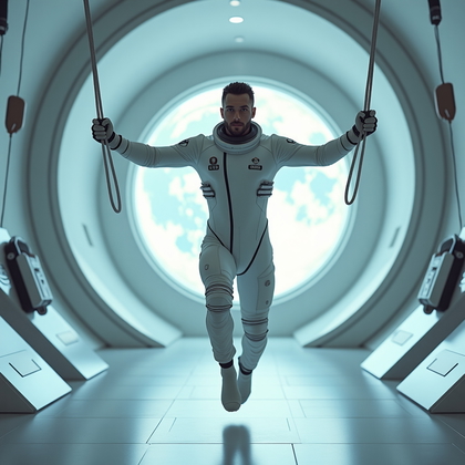 AI-generated photo: Cinematic photorealistic sci-fi editorial photography. In a moon base recreation chamber designed fo...