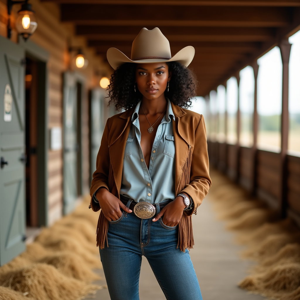 AI-generated photo: Fashion photography, a modern western portrait built around a hands-on-belt-buckle power pose, with ...