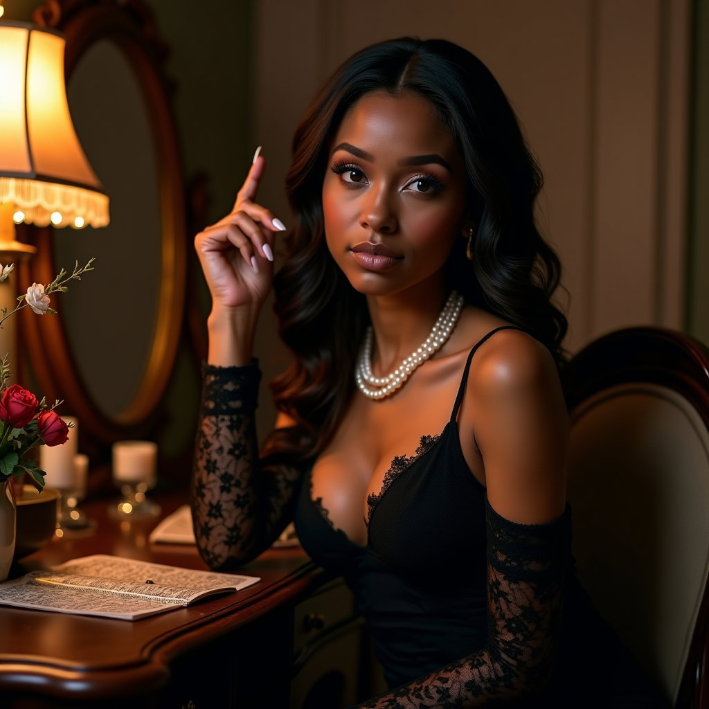 Black Lace Beauty Portrait with Pearl Details example: Dating profile photo. Half-body vanity portrait with the subject seated beside an antique mirror, one hand lightly touch