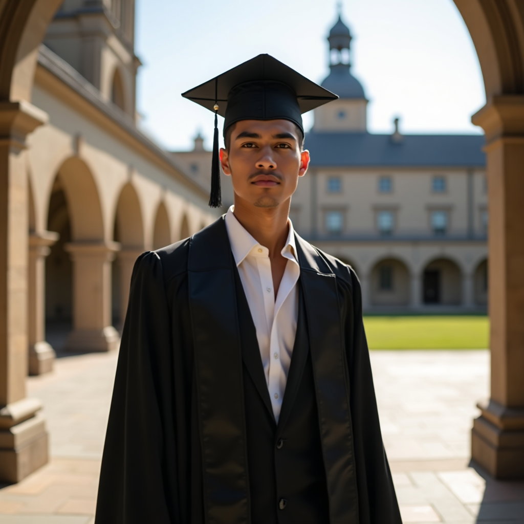 AI-generated photo: Premium graduation fashion photography, an iconic cap-and-gown hero portrait captured in a prestigio...