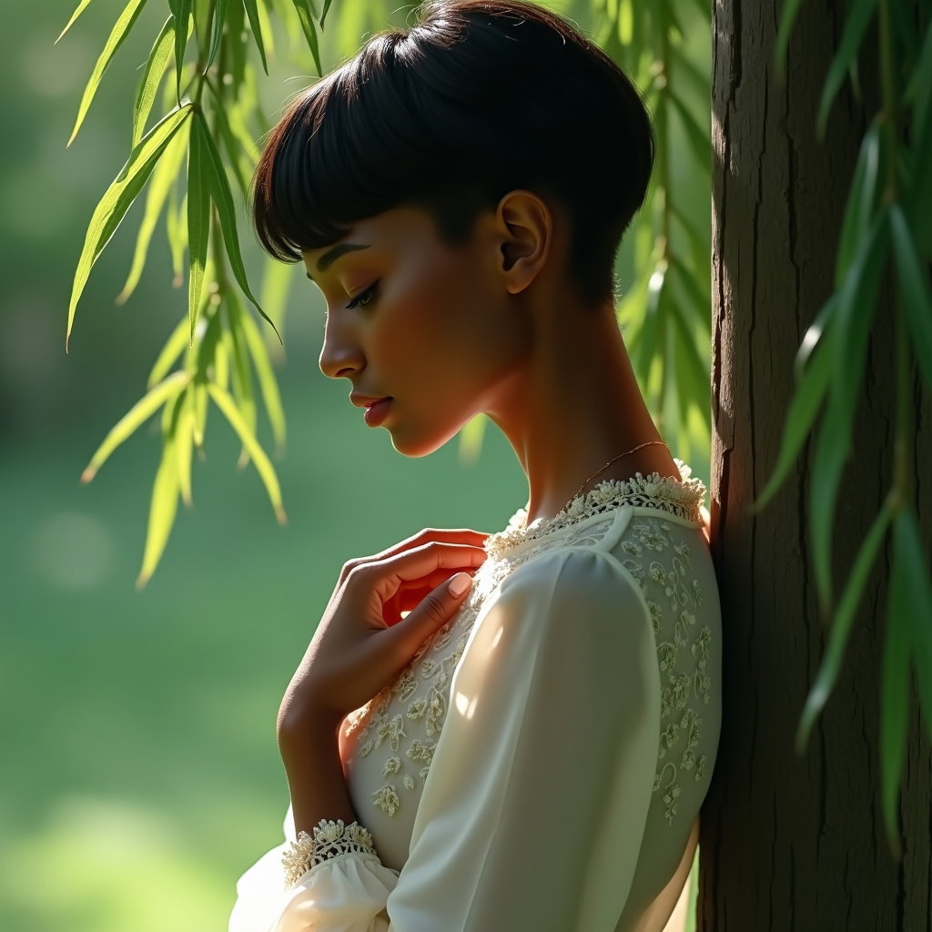 Profil à l’ombre du saule : portrait de profil cadré à la taille, à côté d’un tronc de saule, avec des branches tombantes formant un voile naturel autour du visage.