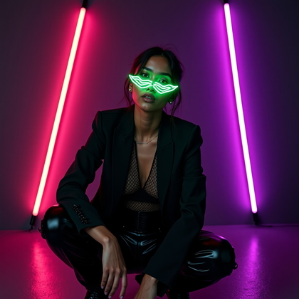 AI-generated photo: Photorealistic neon editorial portrait photo with a low-angle, dynamic crouch against a matte-black ...