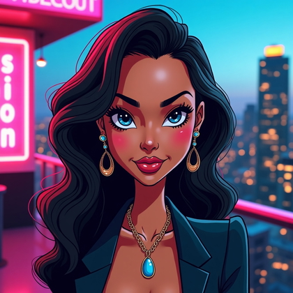 AI-generated photo: Marker and gouache caricature illustration in a chic rooftop lounge at dusk, face large in frame wit...