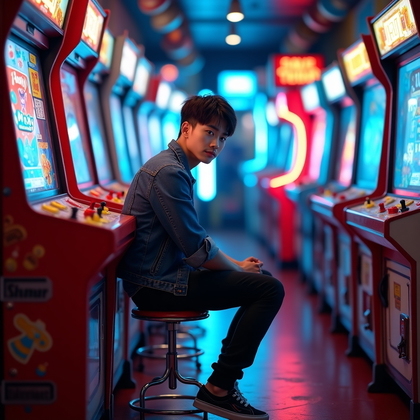 Photorealistic lifestyle portrait in a retro arcade with rows of glossy cabinets, saturated screen glow painting the scene in electric blues and punchy reds, and a shiny epoxy floor reflecting color. The subject sits on a low stool at an arcade machine, one elbow perched on the cabinet while turning the face toward camera with a subtle, mischievous smile, joystick in the other hand to imply motion. Token cups, prize shelves, and a claw machine form layered background depth while a dynamic game screen throws animated light across the cheeks without obscuring the face. The composition uses diagonal cabinet lines to lead directly to the eyes for an energetic yet intimate feel.