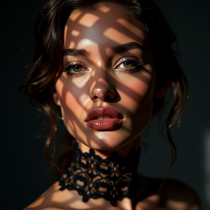 AI-generated photo: Photorealistic studio beauty portrait photo. Striking close-up with dynamic lace shadows created by ...