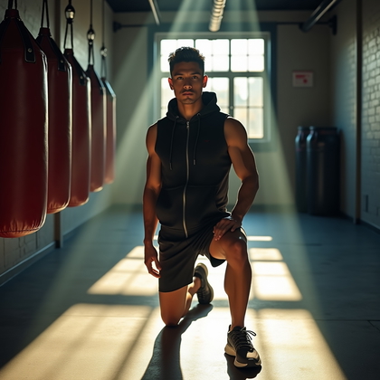 AI-generated photo: Photorealistic fitness photography in a boxing gym corridor flanked by hanging leather heavy bags, d...