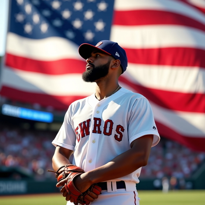 AI-generated photo: Photorealistic sports portrait photo on the first-base foul line just before ceremonies, glove tucke...