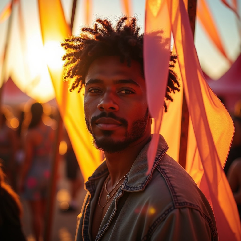 Golden Hour Festival Entrance Walk example: Photorealistic festival portrait photography. Creative entrance portrait framed through translucent streamers tied along