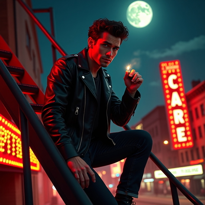 AI-generated photo: Photorealistic 1950s-style urban rooftop/fire-escape greaser portrait overlooking a theater district...