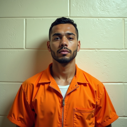 AI-generated photo: Photorealistic prison identity photograph set in a booking room, subject in a neatly zipped orange j...