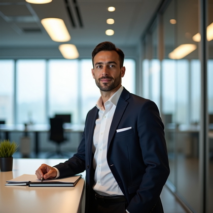 LinkedIn photo photography. Half-body portrait at a standing desk in a clean open-plan executive workspace, with the subject upright, one hand lightly resting on a closed notebook and the other relaxed at the side, face clearly shown with an alert ready-to-work expression. Use polished business separates, softly blurred glass dividers and tidy workstations with no other people, balanced natural daylight and warm task-light accents.