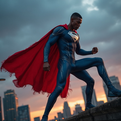 AI-generated photo: Superhero photo capturing a character wearing a sleek, form-fitting suit made of a glossy, metallic ...