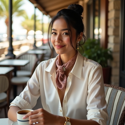 Café Terrace Solo Portraits With Effortless Vacation Style example: Photorealistic profile-avatar portrait. A solo subject is framed from the shoulders up at a café terrace, face clearly v