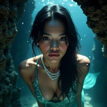 AI-generated photo: Photorealistic underwater portrait photograph of a mermaid character emerging from a shadowy rock cr...