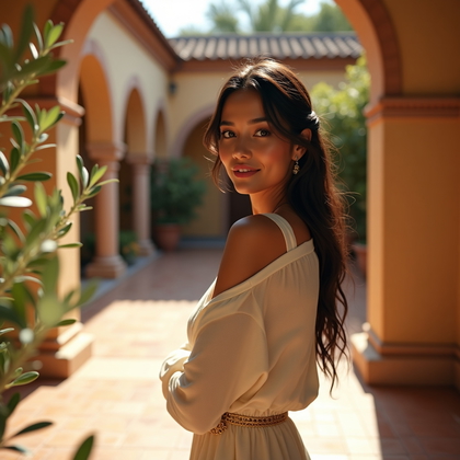 Photorealistic photography of a sunlit Mediterranean courtyard with terracotta tiles and cascading bougainvillea, the subject standing beneath a stucco arch and lightly bracing one shoulder against a warm column, face fully visible and turned to camera with a poised, inviting expression as soft side light wraps the features and a linen ensemble with subtle gold-toned accessories catches delicate highlights, olive branches in the foreground creating painterly bokeh that guides the eye.