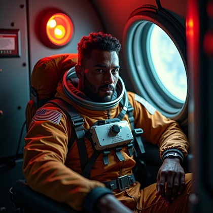 AI-generated photo: Photorealistic cinematic space photography. A close-up survival portrait inside a failing lunar habi...