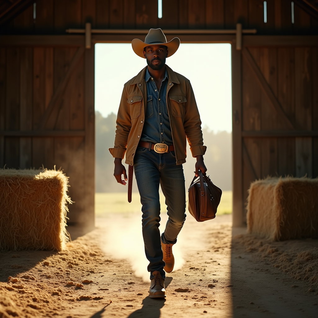 AI-generated photo: Photorealistic fashion photography. A stylish rugged workwear action portrait staged in an open barn...