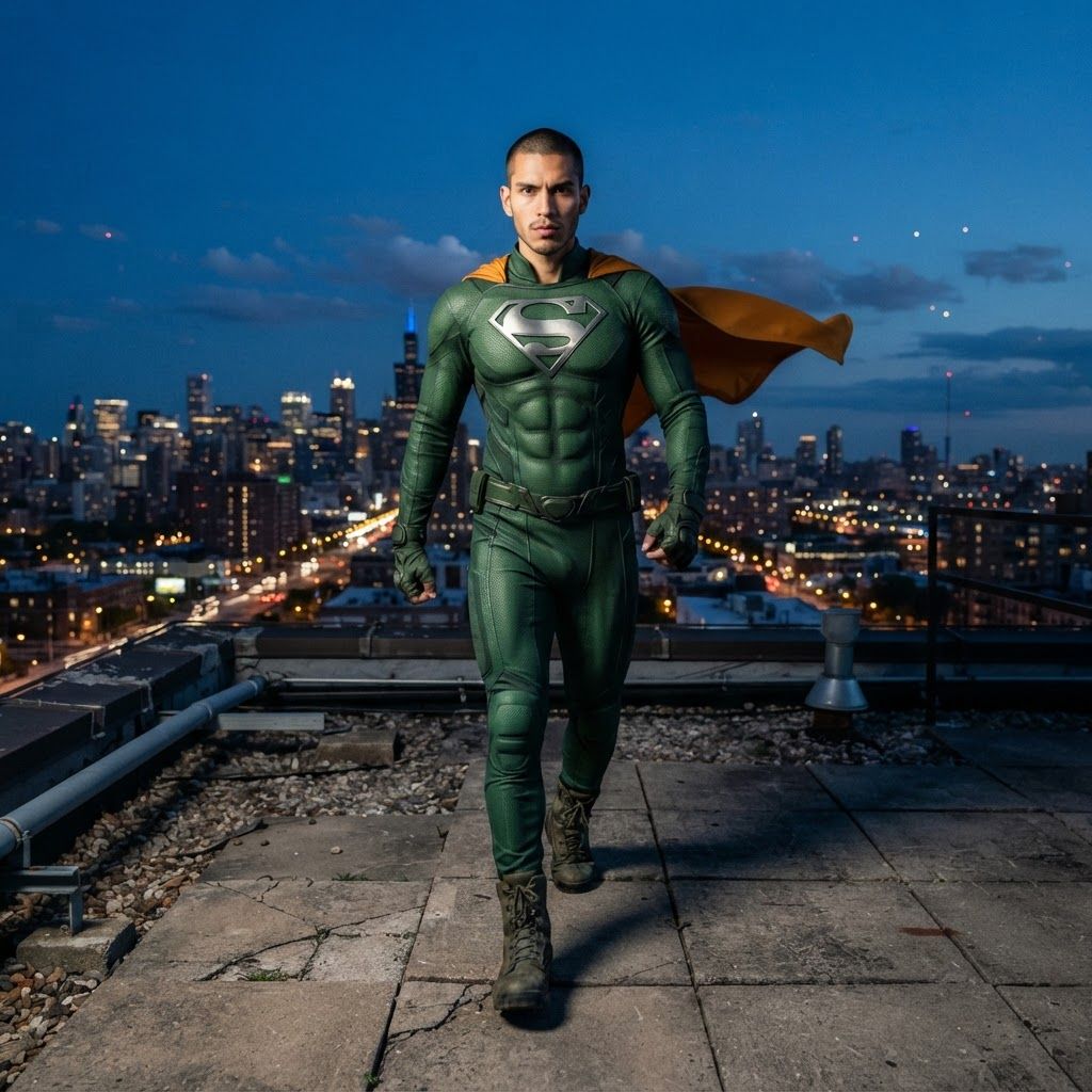 Comic-Book Superhero Above the City: Photorealistic blue-hour rooftop portrait shot from near roof level.
