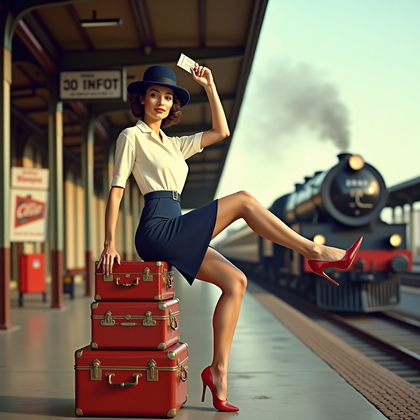 AI-generated photo: Photorealistic 1950s pin-up color photograph on a streamline moderne train platform with enamel sign...