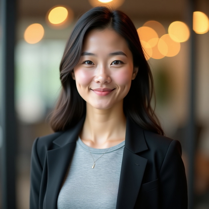 AI-generated photo: Professional headshot photograph of a startup creator in a smart-casual blazer and fine-knit tee, fr...