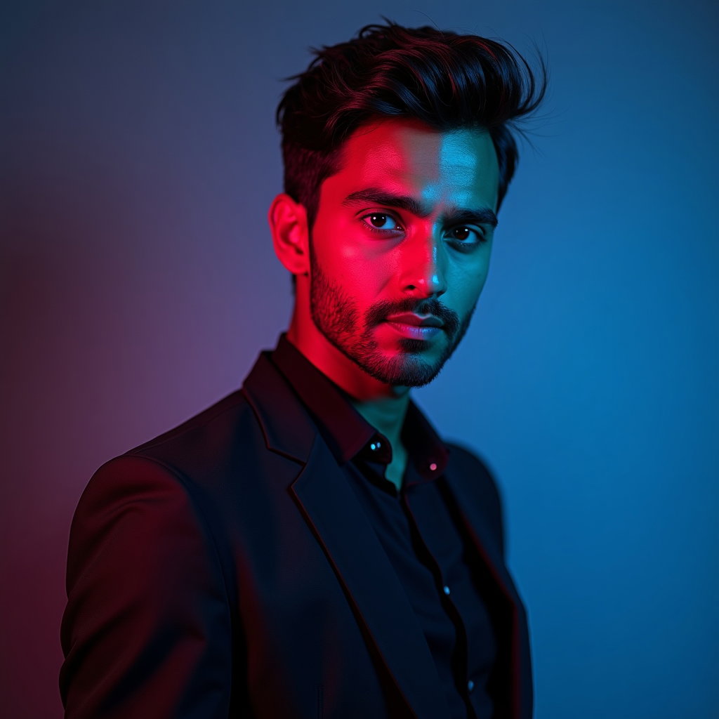 AI-generated photo: Photorealistic close-up studio portrait that transitions smoothly from a dark to a light background ...