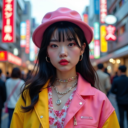 AI-generated photo: Photorealistic fashion portrait, a bold Harajuku street-style image with layered statement fashion, ...