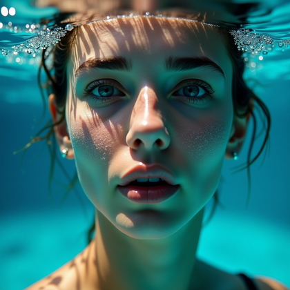AI-generated photo: Photorealistic underwater portrait photography, close-up from just below the shoulders with the face...